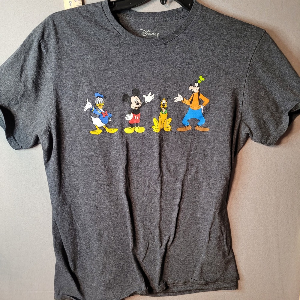 Disney Mickey Mouse Donald Pluto Goofy Double Sided Graphic T-Shirt Gray Large